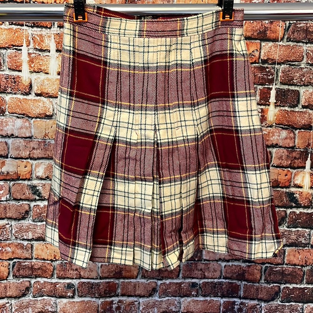 Vintage John Meyer plaid wool mini skirt red white yellow size 14 1960s 70s